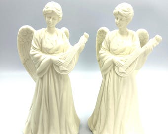 White Ceramic Angel w/Mandolin Candlestick Holder Figurine Statue PAIR 10” Tall