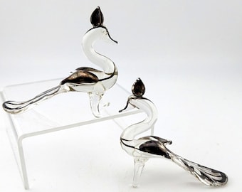 Lot of 2 Art Glass Long-Tail Bird/Peacock Figurines Sterling Silver-Plated Overlay Peru