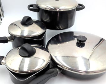 Vtg 1801 Revere Ware Non-Stick Black Hard Anodized 8-Piece Set-3 Pots/1 Fryer/4 Lids