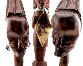 VTG African Hand Carved Wood Statue Sculpture Tribal Art Warrior Shield Women-3