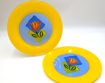 Vtg 2 Arcoroc France Mathys Matys Yellow Tulip Lead-Free Tempered Glass Plates 10.5"