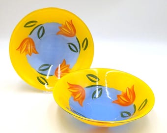 Lot of 2 Arcoroc France Mathys Matys Yellow Tulip Lead-Free Tempered Glass Bowls 6"