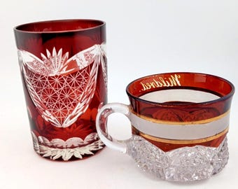 2-VTG Boho Ruby Red Cut To Clear Cup Glass Teacup Starburst Star of David *READ*