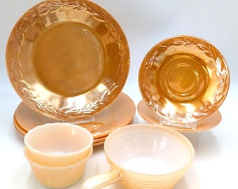 9 Vintage Fire King Peach Lustre: Handled Soup Ramekin Laurel Leaf Plate Saucer