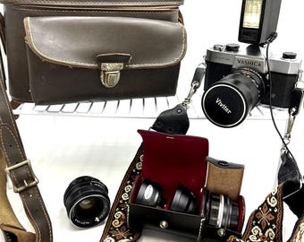 VTG Yashica TL Electro Camera 5 Vivitar Lenses Case Flash Strap As Is UNTESTED