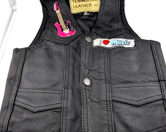 VTG Tennessee Leather Black Biker Vest Youth Med w/Music + Guitar Patches *READ*