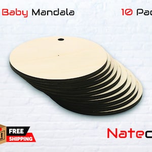 May include: A pack of 10 unfinished 4 inch wooden circles with a small hole in the center.  The circles are stacked on top of each other.  The text "4" Baby Mandala" and "10 Pack" are visible in the image.