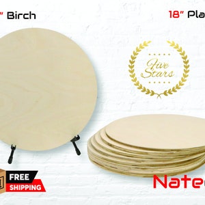 May include: A stack of 18 inch plain birch wood round circles, each 1/2 inch thick. The circles are stacked on top of each other and are made of natural wood. The circles are perfect for crafting, painting, and other DIY projects.