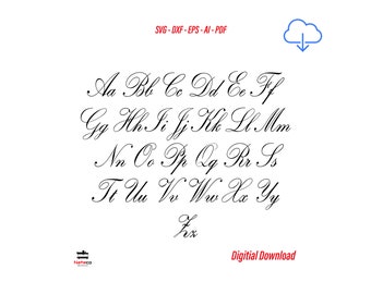 May include: A digital download of a cursive alphabet font in black ink on a white background. The font is available in SVG, DXF, EPS, AI, and PDF formats.