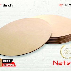 May include: A stack of 18 inch plain birch wood round circles, each 1/4 inch thick. The circles are stacked on a white brick wall background.