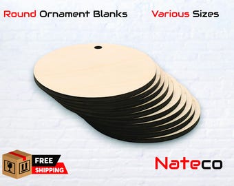 May include: A stack of round wooden ornament blanks with a hole in the center. The blanks are various sizes and are perfect for crafting and decorating.