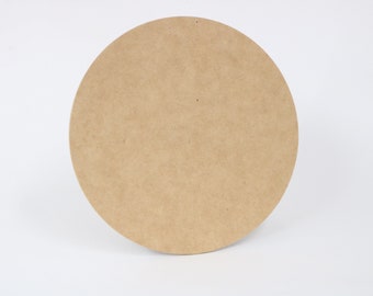 May include: A round, plain, light brown wooden disc.