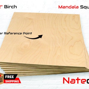 May include: A stack of 1/2 inch thick birch plywood squares, labeled "Mandala Squares". The wood is a light brown color with a natural wood grain pattern. The top square has a black arrow pointing to the center, labeled "Center Reference Point".