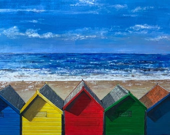 Beach Huts at Whitby, Yorkshire art, Whitby, acrylic painting, print, landscape print, vibrant colours, original art, independent artist