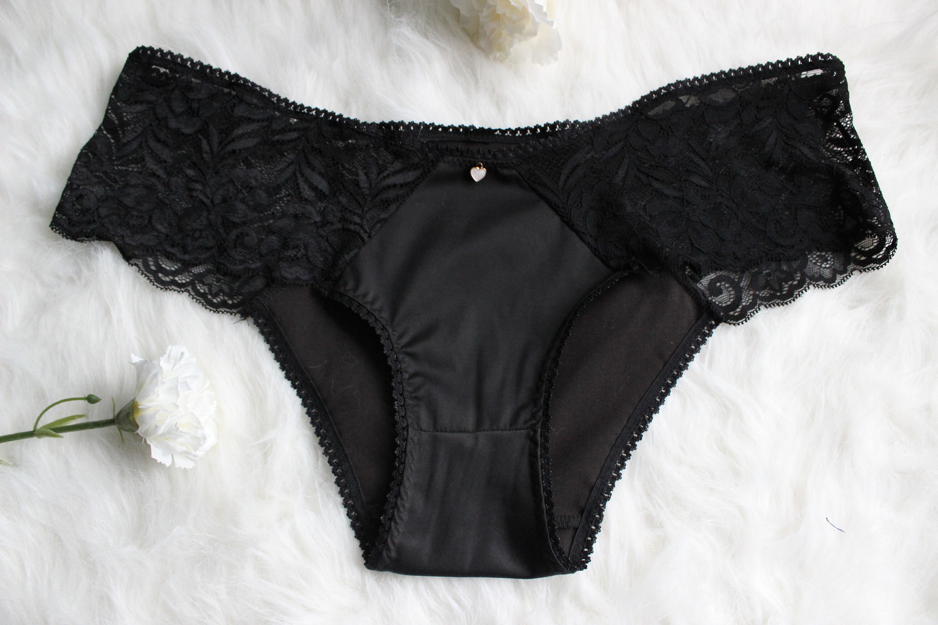 Black stretch satin hipster panties with lace sides. Handmade Etsy