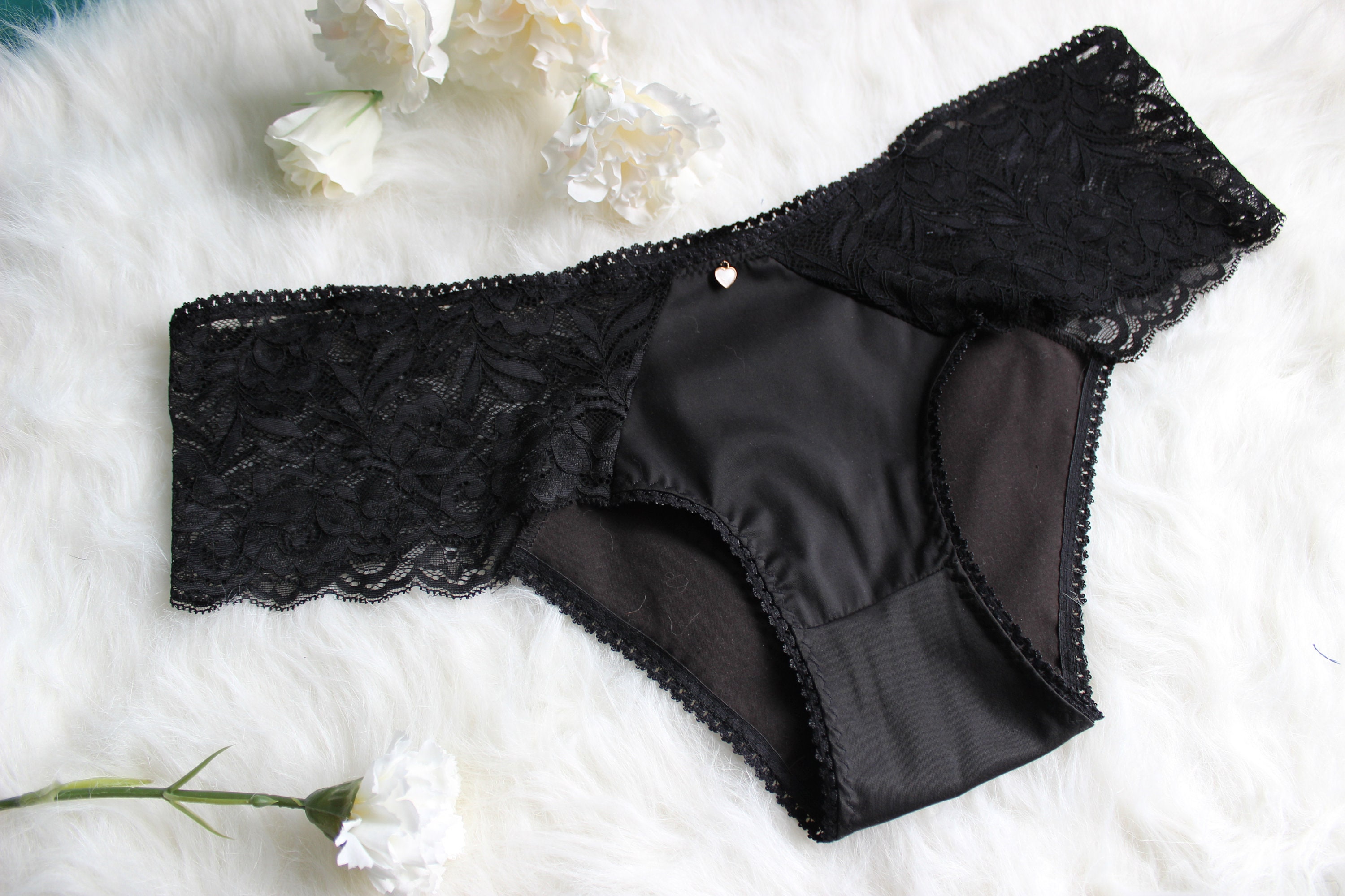 Black stretch satin hipster panties with lace sides. Handmade Etsy