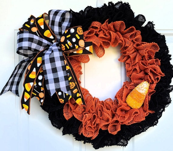 Candy Corn Halloween Wreath; Autumn decor; Fall front door; Buffalo check; Halloween decor; Pumpkins; Candy Corn