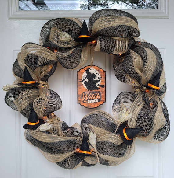 Spooky The Witch Is In Wreath; Halloween; Fall front door; Witches Hat; Sage