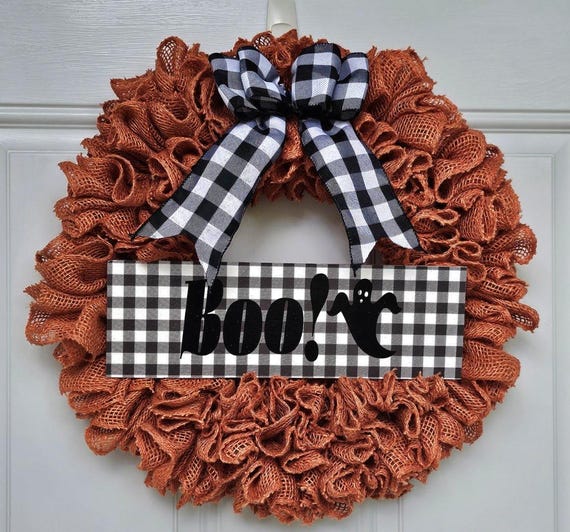 BOO Halloween Wreath; Burlap; Fall front door; Halloween decor; Buffalo check;Ghost