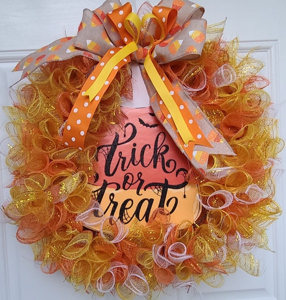 Candy Corn Trick or Treat Halloween Wreath-two variations; Fall front door; Halloween