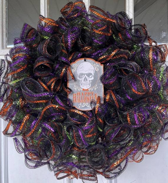 Happy Halloween Wreath; Halloween front door; skull; skeleton; gothic