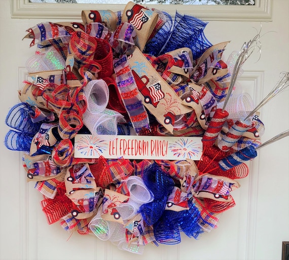 Let Freedom Ring Wreath; Summer front door; Red, White and Blue; Firecrackers; Fireworks; Flag
