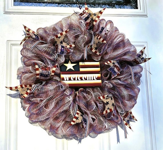 4th of July Patriotic Welcome Wreath; Patriotic Wreath; Flag; Red, White and Blue; Summer front door