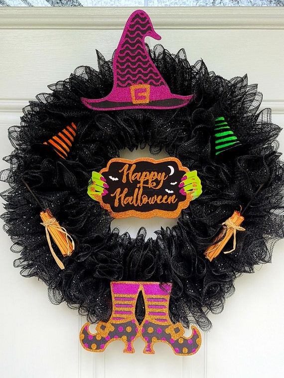 Happy Halloween Witch Wreath-Halloween decor; Fall frontdoor; Witches; Autumn decor