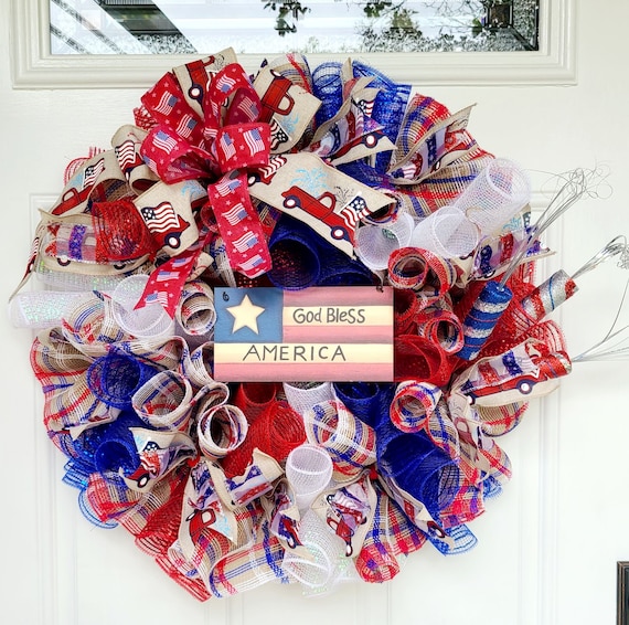 God Bless America Patriotic Wreath; 4th of July; Summer front door; red, white and blue