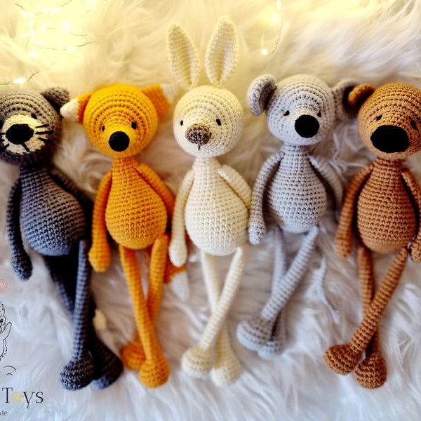 Handmade crochet stuffed animals - bunny, fox, bear, cat and mouse | Allergy-friendly, plastic-free