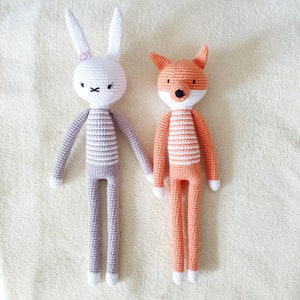 Handmade cuddly toy fox or rabbit, fox and rabbit crocheted amigurumi, stuffed toy fox and rabbit handmade, crochet toy fox safari