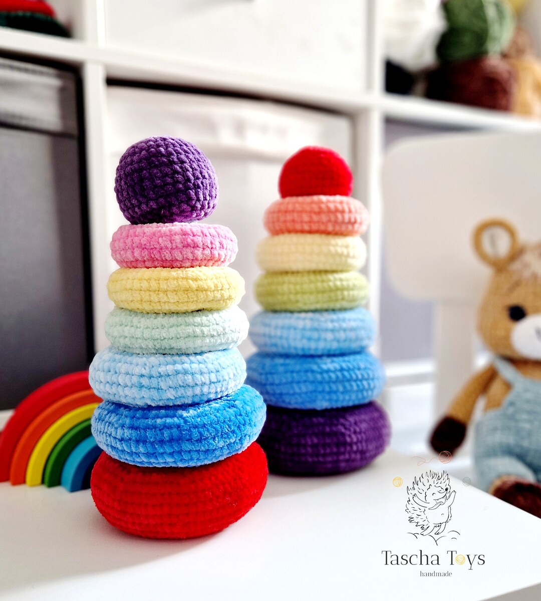 Handmade Crochet Stacking Pyramid Montessori Inspired Rainbow Baby Toy ...