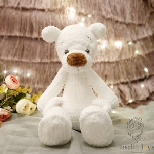 White bear cuddly toy crocheted, bear stuffed toy, plush toy bear, taddy bear plush toy, cuddly toy to cuddle made of plush, snuffle toy bear