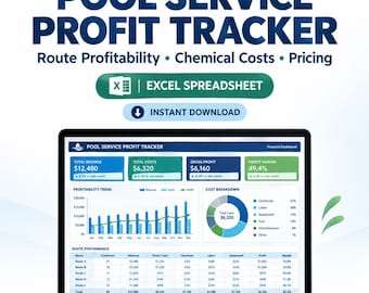 Może przedstawiać: Ekran laptopa wyświetla arkusz kalkulacyjny Excel Pool Service Profit Tracker z panelem finansowym, zawierającym wskaźniki przychodów, kosztów i marży zysku, wykres słupkowy trendów rentowności oraz tabelę wydajności tras.