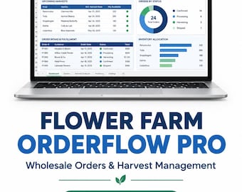 Może przedstawiać: Ekran laptopa wyświetla pulpit szablonu Excel Flower Farm OrderFlow Pro z tabelami danych dotyczącymi zbiorów, zamówień, realizacji i alokacji zapasów. Pod laptopem znajduje się tekst Flower Farm OrderFlow Pro, Wholesale Orders & Harvest Management, Excel Template oraz 2 Workbooks Included.