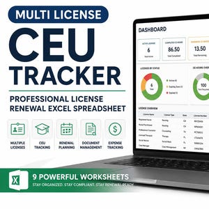May include: A digital dashboard for a multi-license CEU tracker displayed on a laptop screen. The interface shows active licenses, completed CE hours, and a license overview table. Icons represent multiple licenses, CEU tracking, renewal planning, document management, and expense tracking. The text reads Multi License CEU Tracker Professional License Renewal Excel Spreadsheet and 9 Powerful Worksheets.