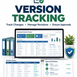 May include: A laptop displaying a Document Version Tracker dashboard with tables and charts, surrounded by three binders, a potted plant, and a shield icon. Text includes VERSION TRACKING, Track Changes, Manage Revisions, Ensure Approvals.