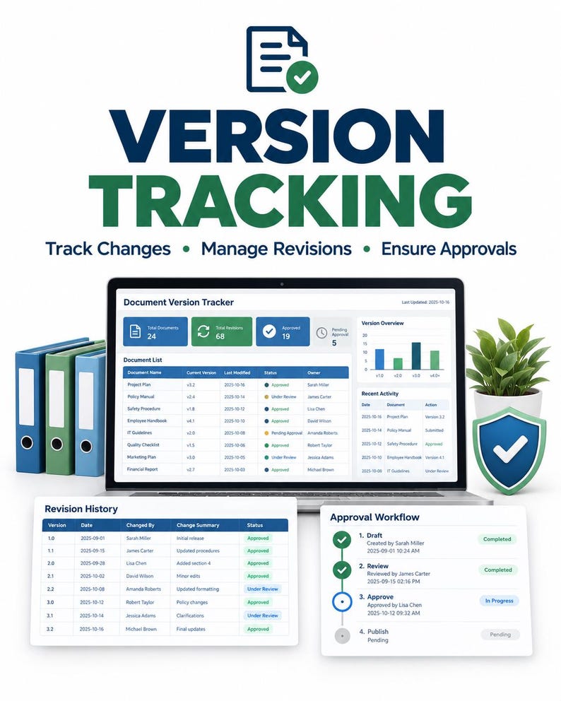 May include: A laptop displaying a Document Version Tracker dashboard with tables and charts, surrounded by three binders, a potted plant, and a shield icon. Text includes VERSION TRACKING, Track Changes, Manage Revisions, Ensure Approvals.