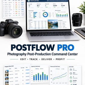 May include: A laptop displaying the Postflow Pro Photography Post-Production Command Center software interface, featuring data dashboards, project tables, and charts, alongside a camera, a lens, and printed project overview documents.