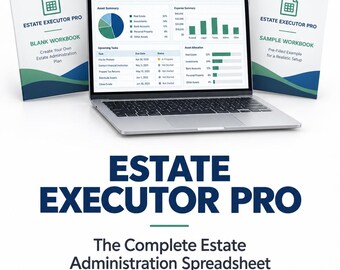 Może przedstawiać: Laptop wyświetlający pulpit nawigacyjny administracji majątkiem, otoczony dwoma skoroszytami zatytułowanymi Estate Executor Pro. Tekst brzmi Estate Executor Pro, The Complete Estate Administration Spreadsheet, 2 Excel Workbooks, Instant Digital Download.
