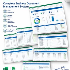 May include: A business document management system template for Excel and Google Sheets featuring a dashboard, document register, version tracker, retention schedule, and archive tracker with blue and green headers and text.