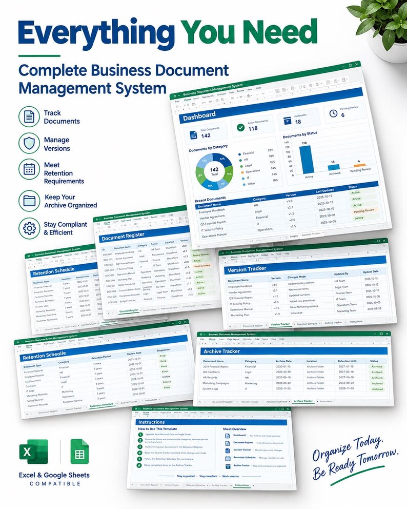 May include: A business document management system template for Excel and Google Sheets featuring a dashboard, document register, version tracker, retention schedule, and archive tracker with blue and green headers and text.