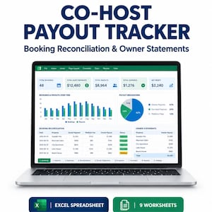 May include: A laptop screen displays a Co-Host Payout Tracker spreadsheet with booking reconciliation and owner statement data. The dashboard features bar charts, a pie chart, and tables showing financial metrics, totals, and status updates.