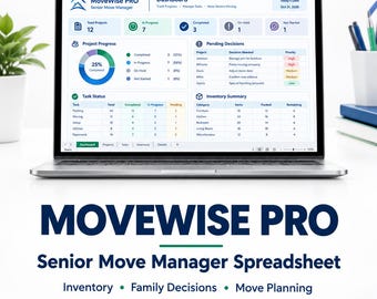 Może przedstawiać: Ekran laptopa wyświetla pulpit nawigacyjny arkusza kalkulacyjnego MoveWise PRO Senior Move Manager, zawierający wykresy postępu, tabele statusu zadań oraz podsumowania inwentaryzacji do planowania przeprowadzek.