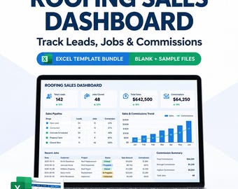 Roofing Sales Commission Dashboard, Excel Sales Tracker