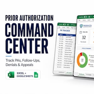 May include: A digital Prior Authorization Command Center dashboard displayed on two screens. The interface shows a PA Tracker list with patient names and IDs, plus a status overview with a pie chart for approvals, denials, and pending cases.