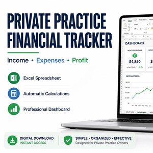 Könnte beinhalten: Ein digitaler Finanztracker für Privatpraxen auf einem Laptop-Bildschirm. Die Tabelle umfasst die Verfolgung von Einnahmen, Ausgaben und Gewinn mit automatischen Berechnungen, einem professionellen Dashboard und Diagrammen für Umsatztrends.