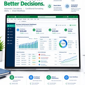 May include: A digital Excel template displayed on a laptop screen, featuring a Business Performance Dashboard with revenue, expense, and profit metrics, bar charts, and data tables. The interface includes sections for automatic calculations, conditional formatting, smart alerts, and automated workflows.