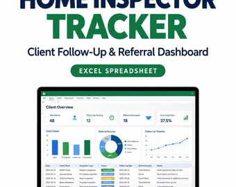 Może przedstawiać: Ekran laptopa wyświetlający arkusz kalkulacyjny Excel Home Inspector Tracker z pulpitem nawigacyjnym przeglądu klientów, zawierającym wykresy statusu, źródeł poleceń oraz harmonogram działań następczych.