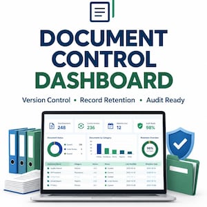 Plantilla de control de documentos, Rastreador de retención de registros, Panel de cumplimiento, Hoja de cálculo de control de versiones, Sistema listo para auditoría